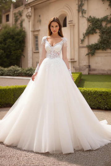 Ivory V-Neck Long Sleeve Bridal Gown Dress